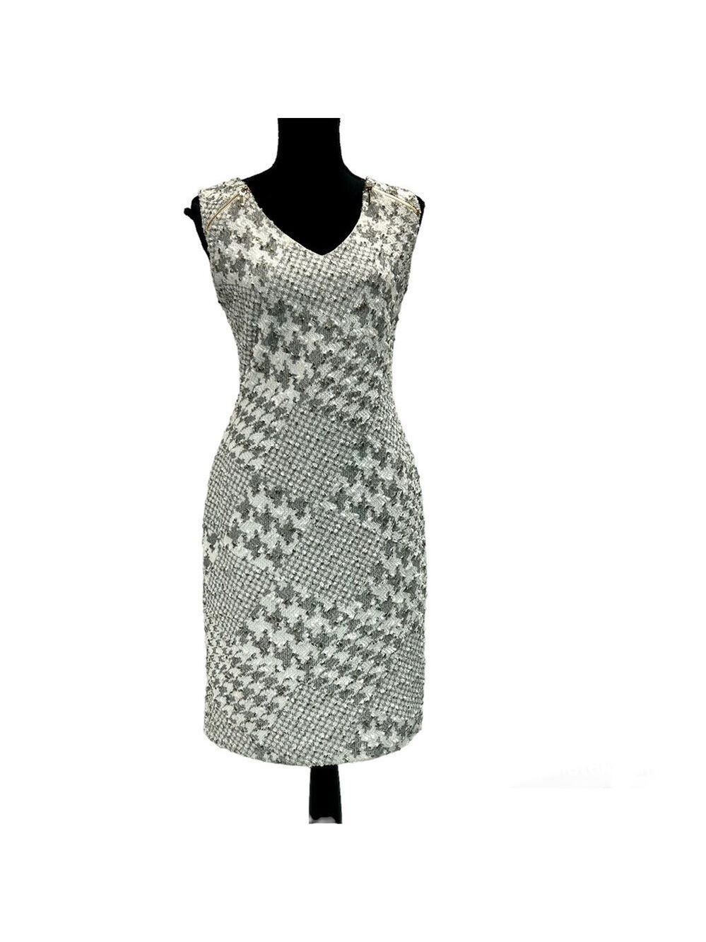 Frank Lyman white gray metallic gold tweed knit sleeveless bodycon dress 8 NWOT